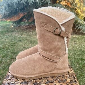 BearPaw Tatum Shearling Boots Asymmetrical Wrap shaft with Buckle Detail